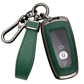 HIBEYO Leather Car Key Case Fits Ford Edge Fusion Mustang Explorer F150 F250 F350 Ecosport Protective Key Case Key Case Fits Lincoln MKX MKC Key Ring Black Green
