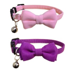 Pack of 2 Bow Tie Cat Collar Breakaway with Bell Safety, Removable Bowtie, Adjustable Kitten Collars for Girl Boy Kitty Small Pets, 7"-11" Purple & Pink