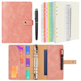 ANOMM A5 Ring Binder Notebook PU Leather Diary, Refillable Notebook with A5 Dot Grid Paper & Inner Pockets & Index Divider, Spiral Journal Binder for Travel Work School and Personal Organizer-Pink