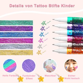 Children's Tattoo Pens, Glitter Tattoo Pens Set with 6 Coloured Tattoo Pens, 10 Cartoon Tattoo Stickers, 9 Stencils, 6 Refills, 2 Rhinestones for Party Bags, Children's Birthday Parties