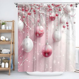Pink Christmas Ball Shower Curtain Dreamy Snowflake Pine Twig, 70x70Inch