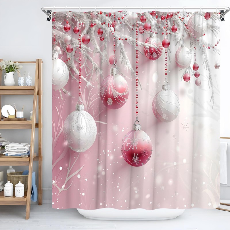 Pink Christmas Ball Shower Curtain Dreamy Snowflake Pine Twig, 70x70Inch