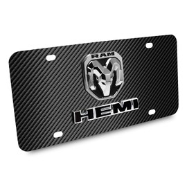 iPick Image Compatible with RAM 2019 up HEMI 3D Dual Logo on Black Carbon Fiber Patten Stainless Steel License Plate