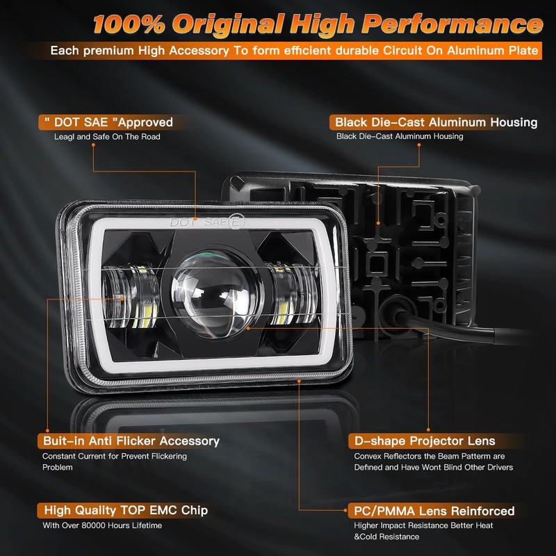 BAOLICY 4x6In LED Headlights DOT Approved 2PCS Hi/Low Beam White/Amber