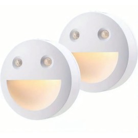 Smart LED Night Light with Motion Sensor, Round Smiley Face Design, 2-Pack, White