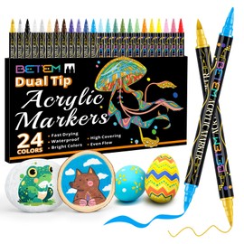 24 Colors Acrylic Paint Markers, Dual Tip Acrylic Paint Pens with Brush Tip and Fine Point, Art Supplies for Rock, Wood, Canvas, Stone, Glass, Ceramic, Rock Painting Kit DIY Crafts Making Drawing Kit