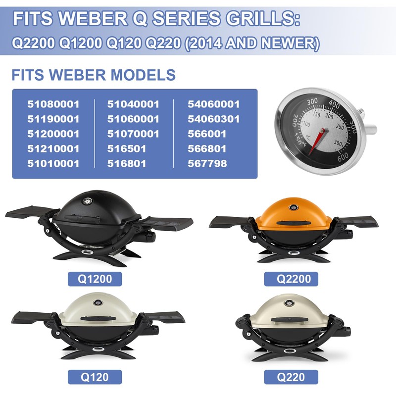 60070 Grill Temperature Gauge Replacement for Weber Q1200 Q220 Q2200