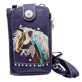 Dakota Horse Embroidered Crossbody Phone Wallet Purse (Purple)