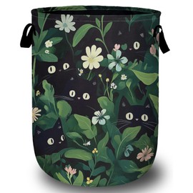 Black Cat in Greenery Laundry Basket with Sturdy Handles, Cute Cat Leaves Flower Collapsible Oxford Cloth Laundry Hamper Organizer Basket for Bathroom Bedroom 15.7x20 Inch