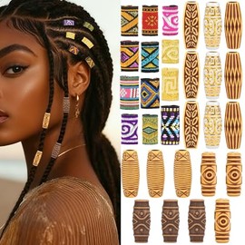 CooBigo 30pcs Hair Beads for Braids, 18 Plastic + 12 Fabric African Hair Dreadlock Beads Loc Hair Jewelry Imitation Wood Tube for Women Men Dreadlock 