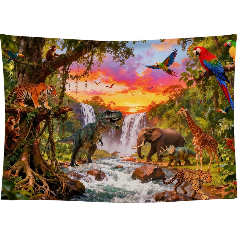 DePhoto 7x5FT Jungle Forest Animals Backdrop Tropical Rainforest Safari Background
