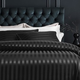 Damier Bed Linen 155 x 220 cm Black Satin Striped Bed Linen Set Silky Shiny High-Quality Gloss Satin Duvet Cover with Concealed Zip - 155 x 220 cm + 80 x 80 cm, 155 x 220 cm