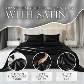 DECOLURE Striped Satin Sheets Set King 6pc - Comfy Luxury Silk Feel Satin Sheets King - Elegant Silky Soft King Size Satin Bed Sheets Hypoallergenic Wrinkle-Free Satin Sheets with Deep Pocket (Black)