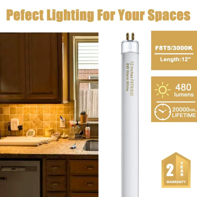 Konideke 8 Pack F8T5/WW Fluorescent Bulbs Warm White 3000K, 12