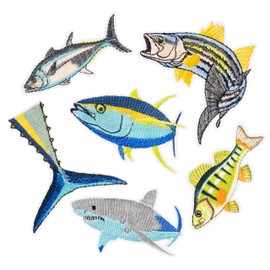 6 Pcs Fish Iron on Patches Deep Sea Ocean Animal Bass Shark Tuna Tail Sew on Embroidered Applique Repair Patch DIY Crafts Accessories Embroidery Gifts for Fishermen Fishing Gear Clothing Backpack Hat