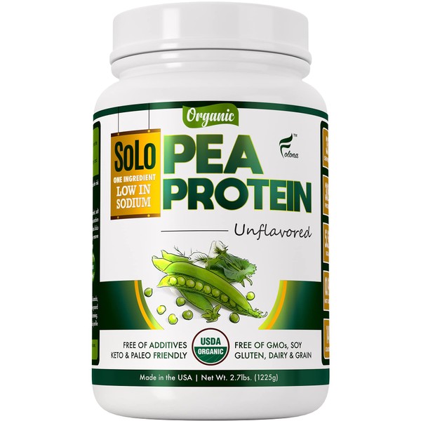 SOLO Organic Pea Protein Powder, Low in Sodium, Canada Grown Peas, 100% Vegan, Non-GMO, Unflavored Plant Based Protein Powder with BCAA, Keto & Paleo Friendly, Easy to Digest, No Additives (2.7 lbs)