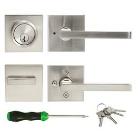 Exterior Door Lock Set with Deadbolt, Front Door Handle Set with Deadbolt, Door Levers Single Cylinder Deadbolt Set, Keyed Alike Heavy Duty Keyed Privacy Handles Locksets,(Satin Nickel)