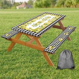 Picnic Table Cover with Bench Covers, Lemon & Black-White Gingham , Elastic Edges, Waterproof Windproof Fitted, for Outdoor Camping Patio Garden, with Drawstring Bag, 72 in