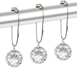 HIPASLO Decorative Crystal Shower Curtain Hooks, Acrylic Decorative Bling Diamond Rings with Rustproof Stainless Steel Hooks，Pack of 12,(Rhinestone)