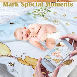 Kwtzkuo Classic Pooh Bear Baby Milestone Blanket Boy, First Year Calendar Monthly Growth Mat, Winnie Bear Monthly Blanket, Cute