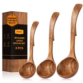 Wooden Ladle for Soup, 3 Size Teak Wood Ladle Spoon with Back Hooks, Heat Resistant Wooden Spoons for Cooking, Non-Stick, Comfortable Grip, Wood Kitchen Utensils Set for Serving, Stirring