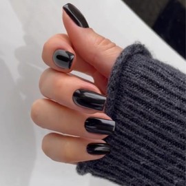 Black Press on Nails Medium Short Square,Xcreando Glue on Nails Solid Glossy Medium Nails Full Cover Acrylic Fake Nails for Women and Girls Daily Wear 24 Pcs