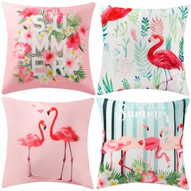 4 Pcs Flamingo Throw Pillow Covers Decorative Pink Bird Pillowcases Tropical Leaves Cushion Covers for Sofa Couch Summer Holiday Home Decor (Flamingo, 20" x 20" Pack of 4)