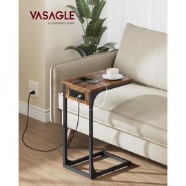 VASAGLE C-Shaped Side Table, End Table with Charging Station, C Table for Couch, Sofa, Adjustable Feet, for Bedroom, Living Room, 2 USB Ports and Outlets, Rustic Brown ULET362K01