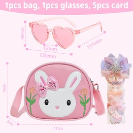 DAVBNM Girls Handbag, Adorable Rabbit Crossbody Bag, Cute Bunny Rabbit PU Leather Handbag, Girl Shoulder Bag with Heart-Shaped Sunglasses and 5 Hair Clips for Preschool Kids Toddlers Baby Girls, Pink