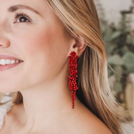 EVER FAITH Austrian Crystal Art Deco Statement Earring, Banquet Prom Long Chandelier Dangle Earrings for Woman Red Black-Tone