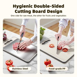 Luvan Cutting Board for Kitchen Double Sided 304 Stainless Steel & Food-Grade PP 14.4’’×9.9’’ Chopping Board for Meat & Vegetables with Juice Groove Sharpening Stone Non Slip Edges