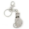 Avalaya Clear/Black Austrian Crystal Cat Keyring/Bag Charm In Rhodium Plated