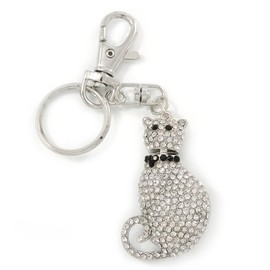 Avalaya Clear/Black Austrian Crystal Cat Keyring/Bag Charm In Rhodium Plated Metal - 11cm L