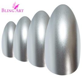 False Nails by Bling Art Silver Matte Metallic Almond Stiletto Fake Acrylic Tips