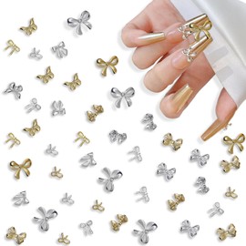 SILPECWEE 140Pcs Bow Nail Charms for Acrylic Nails, 3D Metal Bowknot Studs Jewels Nail Bows, Gold Silver Bow Knot Nail Art Charms Cute Bows Nail Decoration for Women Crafts DIY