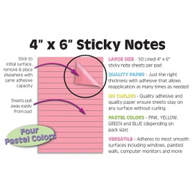 Better Office Products Lined Sticky Notes, 4 x 6, 6 Pack, 300 Sheets (50/Pad), Self Stick Notes with Lines, 4 Assorted Pastel Colors, Post Memos, Strong Adhesive, 6 Pads