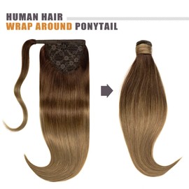 Lacerhair Human Hair Ponytail Hair Piece Balayage Dark Brown to Light BrownRemy Human Hair Wrap Around Ponytail Hair Extensions with Magic Paste 14 Inch 70g