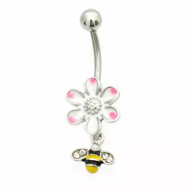LionGothic Belly Button Ring with Enamel Flower and Bee Dangle 14g