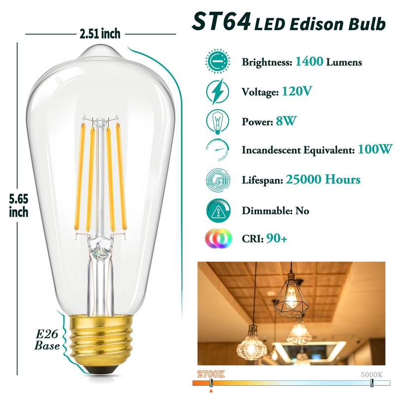 4-Pack Vintage 8W ST64 LED Edison Light Bulbs 100W Equivalent,