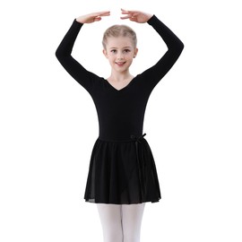 FONLAM Girls' ballet dress, ballet leotard, long sleeve dance dress, leotard, dance body, ballet skirt, children's ballet suit, cotton, black