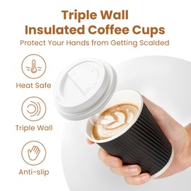 Fit Meal Prep 100 Pack 8 oz Insulated Ripple Wall Paper Coffee Cups with White Lids, Premium Black Triple Wall Disposable Coffee Cup, To Go Coffee Cups Anti Slip Ideal for Hot Beverage, Travel, Office