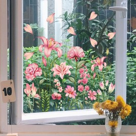 1 Sheet Spring Window Clings Decor Pink Floral Petalage Designs Double-Sided Flower Window Stickers Flower Window Clings for Glass Windows for Home Kitchen Glass Decoration Accessories