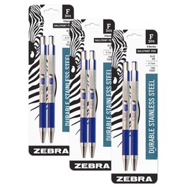 Zebra F-301 Ballpoint Stainless Steel Retractable Pen, Fine Point, 0.7mm, Blue Ink, 2-Count, Pack of 3 (6 pens total)