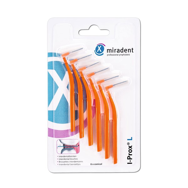 miradent I-Prox® L Interdental Brush 0.8 mm Orange Conical Pack of 6 | Easy Thorough Cleaning of Interdental Spaces | Pocket Format | with Hygienic Protective Cap | Ideal for on the Go