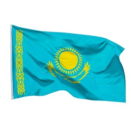 PHENO FLAGS Kazakhstan Flag 90 x 150 cm - Weatherproof Flag with Brass Eyelets, 100% Polyester, Robust Double Stitching and in Vivid Colours - Ideal for Flag Lovers