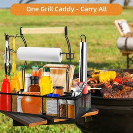 sunmeg Grill Caddy for Camping Outdoor BBQ Organizer with 2 Paper Towel Holders, Picnic Condiment Utensil Caddy with 8 Compartments Storage Tool Gift for RV Camper/Tailgate Essentials/Flatware Must