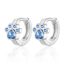 Silver Hoop Earrings for Women Girls, Cat Dog Paw Print Hoop Earrings | Small Huggie Hoop Blue Cubic Zirconia Earrings Hypoallergenic Cute Cartilage Earrings Jewellery Gifts