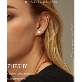 ZHESHY 3 Pairs of Silver 925/Gold Earrings Women's 14K Gold-Plated Small Stud Earrings Set with Zirconia Stackable Waterproof Plug Hypoallergenic Golden Hoop Earrings for Girls Women Multiple