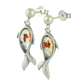 ELEGAMBER Pure Silver and Natural Earrings, Ebony and Shiny Shoe Leather, Whales with Handmade Earrings and Wooden Case