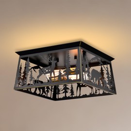 Farmhouse Flush Mount Ceiling Light,Deer Bear Rustic Kitchen Lighting Fixtures Ceiling,Vintage Square Metal Entryway Light Fixture,2-Light Industrial Black Chandelier for Bedroom,Living Room,Hallway